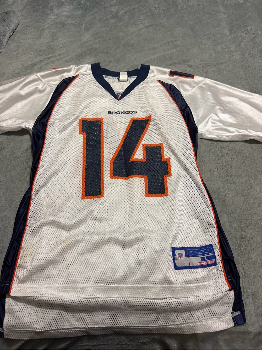 Reebok White Denver Broncos #14 Mesh Jersey with Navy & Orange Accents